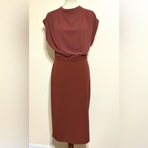 Express Draped Mock Neck Midi Sheath Dress Rust M